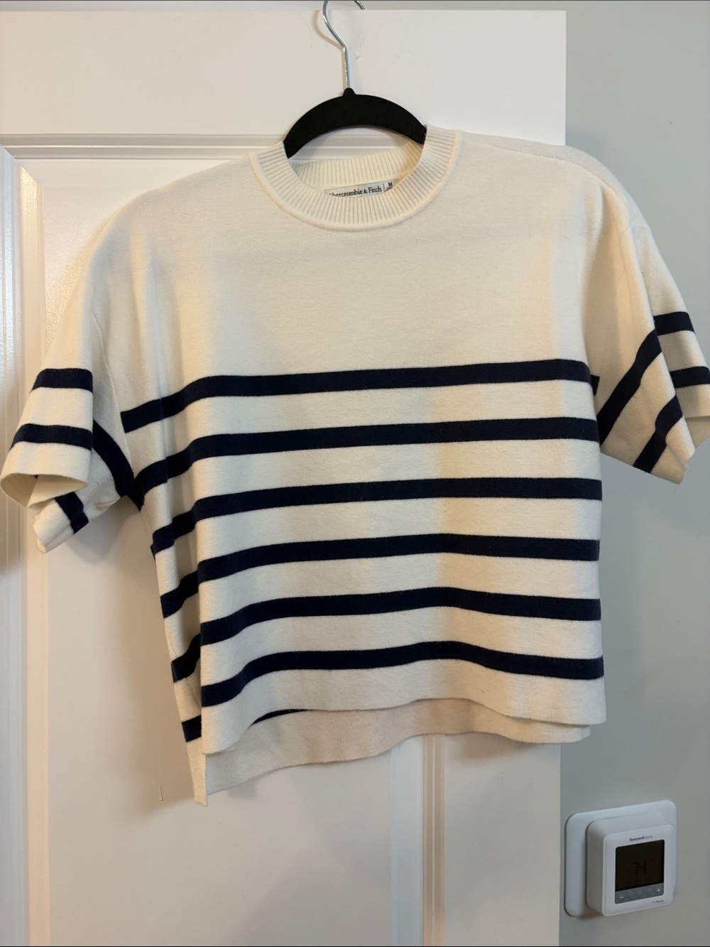 Abercrombie & Fitch Cream Knit Crop Top with Navy Stripes